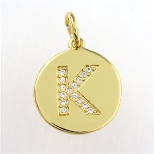 copper pendant paved zircon, letter K, gold plated, approx 15mm dia