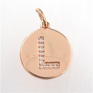 copper pendant paved zircon, letter L, rose gold, approx 15mm dia