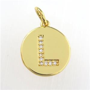 copper pendant paved zircon, letter L, gold plated, approx 15mm dia