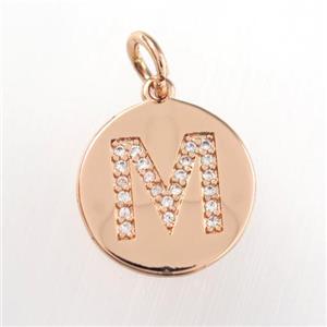 copper pendant paved zircon, letter M, rose gold, approx 15mm dia