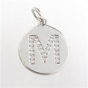 copper pendant paved zircon, letter M, platinum plated, approx 15mm dia