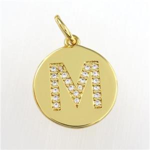 copper pendant paved zircon, letter M, gold plated, approx 15mm dia