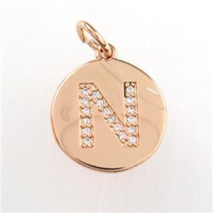 copper pendant paved zircon, letter N, rose gold, approx 15mm dia