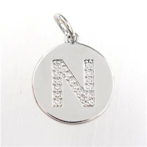 copper pendant paved zircon, letter N, platinum plated, approx 15mm dia