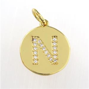 copper pendant paved zircon, letter N, gold plated, approx 15mm dia