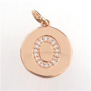 copper pendant paved zircon, letter O, rose gold, approx 15mm dia
