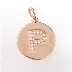 copper pendant paved zircon, letter P, rose gold, approx 15mm dia