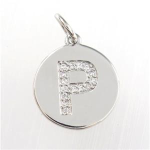 copper pendant paved zircon, letter P, platinum plated, approx 15mm dia