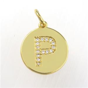 copper pendant paved zircon, letter P, gold plated, approx 15mm dia