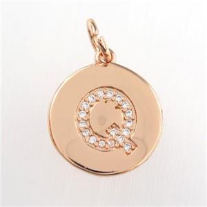 copper pendant paved zircon, letter Q, rose gold, approx 15mm dia