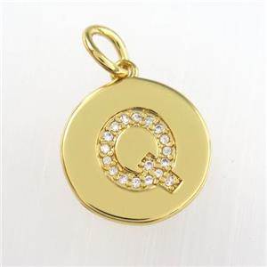copper pendant paved zircon, letter Q, gold plated, approx 15mm dia