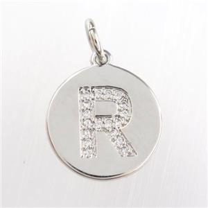 copper pendant paved zircon, letter R, platinum plated, approx 15mm dia
