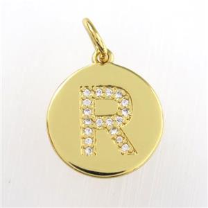 copper pendant paved zircon, letter R, gold plated, approx 15mm dia