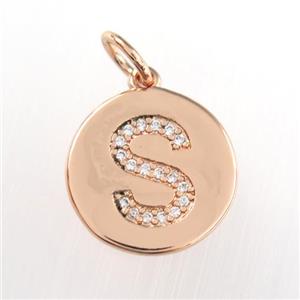 copper pendant paved zircon, letter S, rose gold, approx 15mm dia