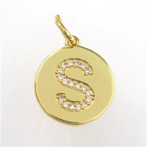 copper pendant paved zircon, letter S, gold plated, approx 15mm dia