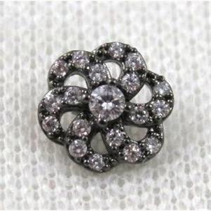 copper flower beads paved zircon, black plated, approx 10mm dia