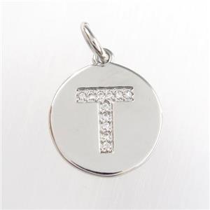 copper pendant paved zircon, letter T, platinum plated, approx 15mm dia