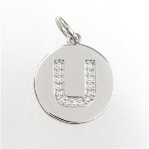 copper pendant paved zircon, letter U, platinum plated, approx 15mm dia