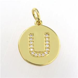 copper pendant paved zircon, letter U, gold plated, approx 15mm dia
