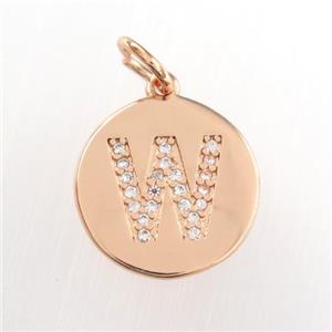 copper pendant paved zircon, letter W, rose gold, approx 15mm dia