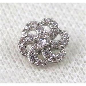 copper flower beads paved zircon, platinum plated, approx 10mm dia