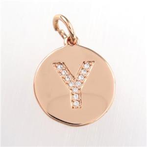 copper pendant paved zircon, letter Y, rose gold, approx 15mm dia