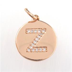 copper pendant paved zircon, letter Z, rose gold, approx 15mm dia
