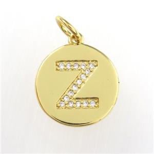 copper pendant paved zircon, letter Z, gold plated, approx 15mm dia