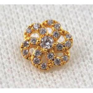 copper flower beads paved zircon, gold plated, approx 10mm dia
