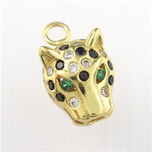 copper leopardHead pendant paved zircon, gold plated, approx 10-12mm
