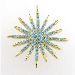 copper starburst pendant paved zircon, turq, gold plated, approx 25mm dia