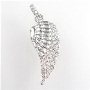 copper angel wing pendant paved zircon, platinum plated, approx 13-28mm