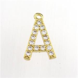 copper pendant paved zircon, letter A, gold plated, approx 9-13mm