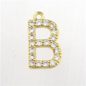 copper pendant paved zircon, letter B, gold plated, approx 9-13mm