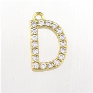 copper pendant paved zircon, letter D, gold plated, approx 9-13mm