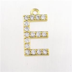 copper pendant paved zircon, letter E, gold plated, approx 9-13mm