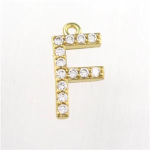 copper pendant paved zircon, letter F, gold plated, approx 9-13mm