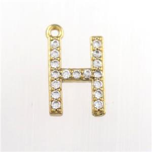 copper pendant paved zircon, letter H, gold plated, approx 9-13mm