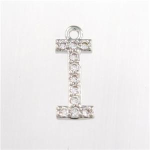 copper pendant paved zircon, letter I, platinum plated, approx 9-13mm