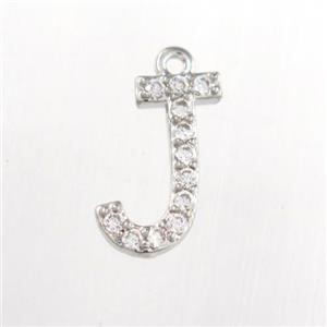copper pendant paved zircon, letter J, platinum plated, approx 9-13mm