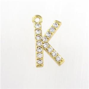copper pendant paved zircon, letter K, gold plated, approx 9-13mm