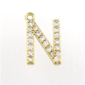 copper pendant paved zircon, letter N, gold plated, approx 9-13mm