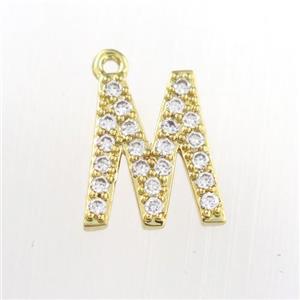 copper pendant paved zircon, letter M, gold plated, approx 9-13mm