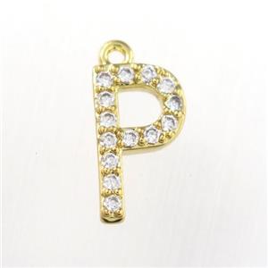 copper pendant paved zircon, letter P, gold plated, approx 9-13mm