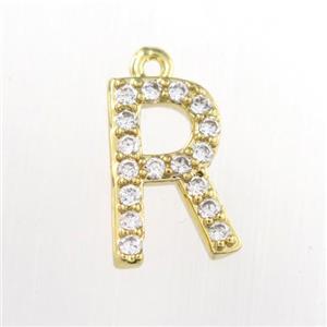 copper pendant paved zircon, letter R, gold plated, approx 9-13mm