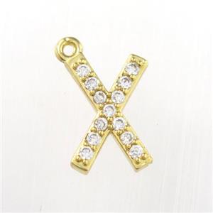 copper pendant paved zircon, letter X, gold plated, approx 9-13mm