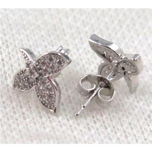 copper butterfly earring paved zircon, platinum plated, approx 10-20mm