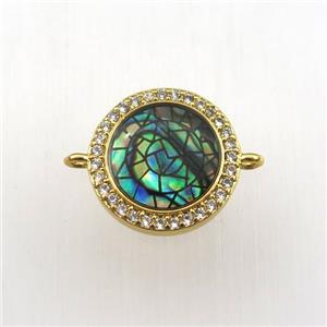copper circle connector paved zircon with abalone shell, gold plated, approx 14mm dia