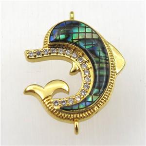 copper dolphin connector paved zircon with abalone shell, gold plated, approx 20-24mm
