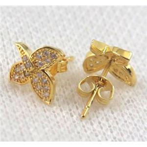 copper butterfly earring paved zircon, gold plated, approx 10-20mm